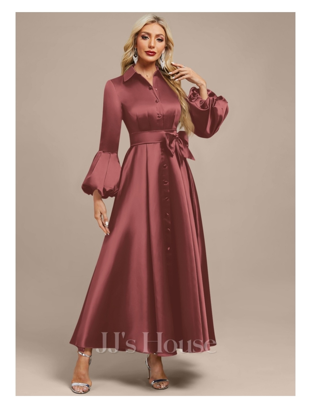 JJs House Dusty Rose Satin Maxi Shirt Dress with Tie Waist